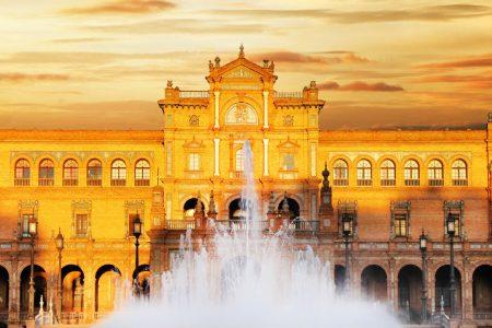 Sunset in Plaza de España, Seville, Spain