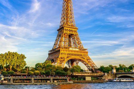 Paris Eiffel Tower and river Seine at sunset in Paris, France