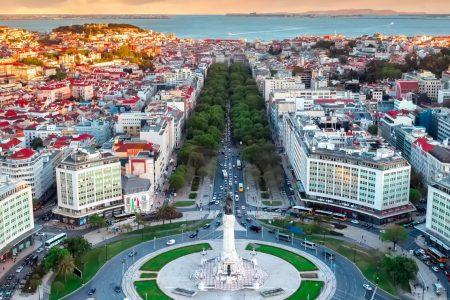 Aerial view of one of Lisbon's avenues and the Tagus River, Portugal